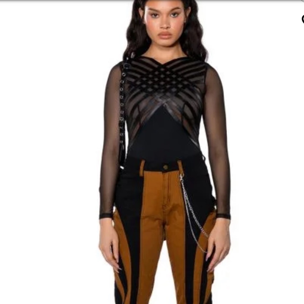 AKIRA. After Dark Faux Leather Panel Long Sleeve Mesh Bodysuit, Size S